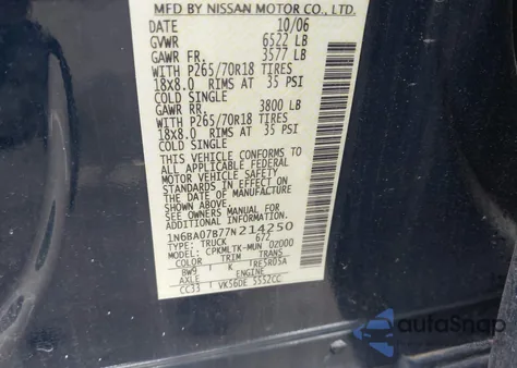 2007 Nissan Titan Se из США, поврежденный, VIN 1N6BA07B77N214250